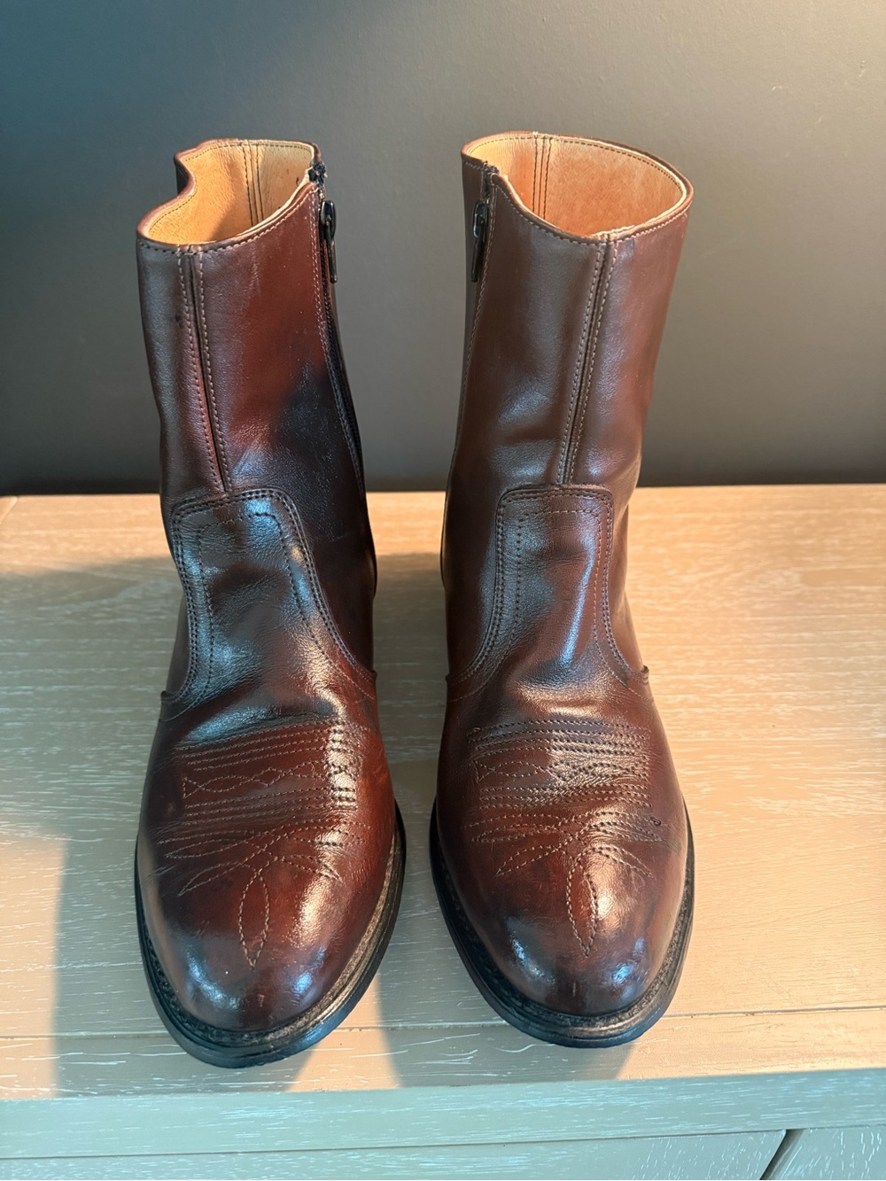 Men's Leather Ankle Boot Size 10.5 Dark Brown Boots With 7.5" Side Zipper